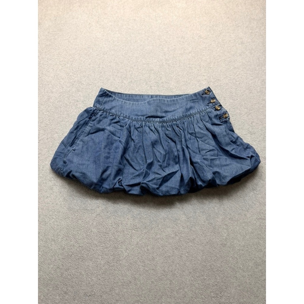Blue Denim Bubble Mini Skirt Side Button Pleated Puff Hem Medium Wash Size 4